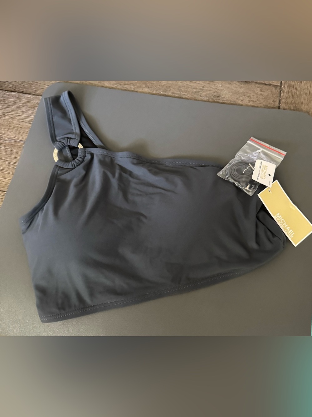 Michael Kors Dark Gray One-Shoulder Swim Top with Ring Detail